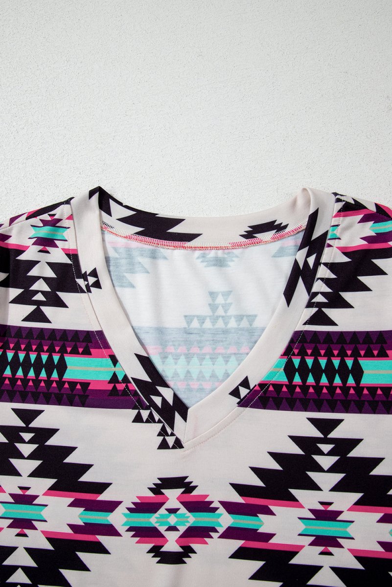 Beige Western Aztec Printed Long T-shirt Dress for Women - Love Salve